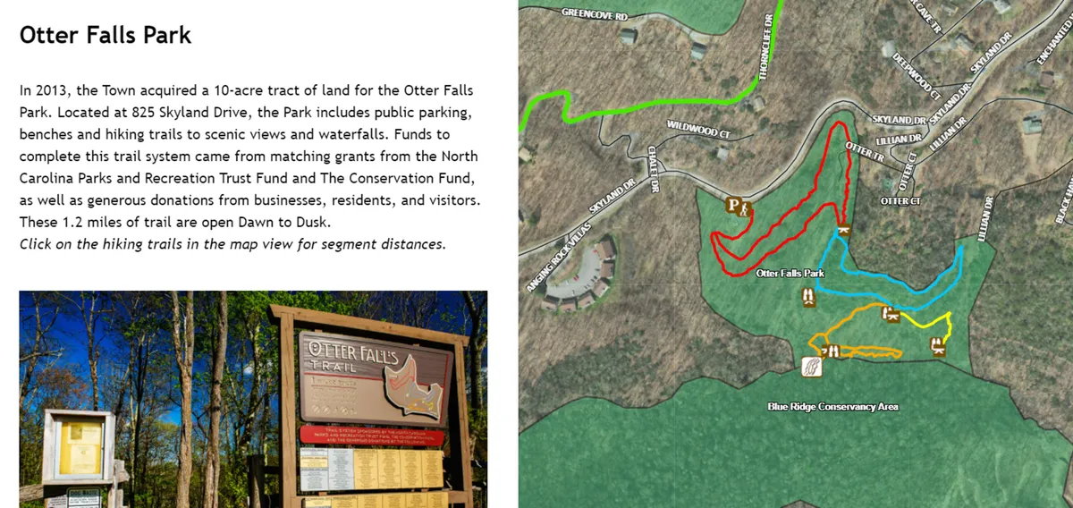 The image highlights the entrance to Otter Falls Park, complete with a hiking trail map and surrounded by abundant greenery and trees. It invites exploration and adventure, emphasizing the proximity to trails and natural attractions.